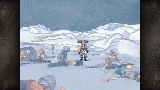 Romancing Saga Minstrel Song Remastered review: a woman with a horned hat stands in snowy tundra littered by bodies and other people looking over them.