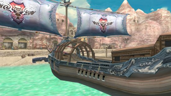 Romancing Saga Minstrel Song Remastered review: A large wooden pirate ship in a harbour.