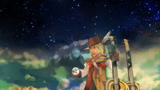 Romancing Saga Minstrel Song Remastered review: a man with a stringed instrument and cowboy hat holds an orb in a celestial setting.
