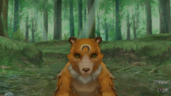 Romancing Saga Minstrel Song Remastered review: a bear stood in the woods, looking direcctly at the camera.