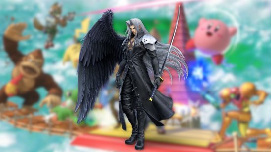Screenshot of Sephiroth on a Smash Bros background for Sephiroth Amiibo news