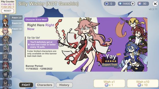 Genshin Impact Wish Simulator: Screenshot of the Yae Miko banner on Silly Wisher