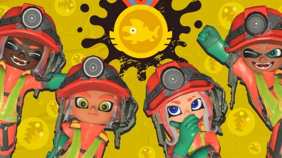 Splatoon 3 Big Run: Four Inklings and Octolings laying in yellow ink in their Grizzco Salmon Run uniforms, with a gold medal above their heads.