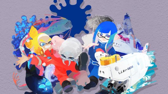 Art from the Splatoon art gallery, showing various small humanoid squid things on splotchy red and blue paint backgrounds on a purple canvas.