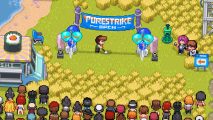 Sports Story release date -- pixel art of a crowd watching a character with a golf club ready to swing below a sign that says 'purestrike'.