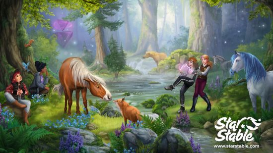 SSO codes - a pony and a group of riders greeting animals in the woods