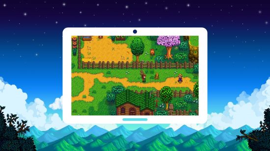 Stardew Valley 1.5 mobile: A screenshot of Stardew Valley on a faux-tablet screen, overlayed on the Stardew Valley key art