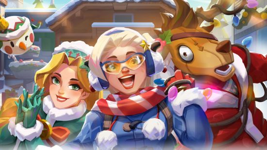 T3 Arena winter update: Three T3 Arena characters in winter skins cuddled up in front of a wooden cabin in the snow.