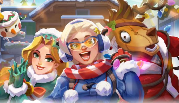 T3 Arena winter update: Three T3 Arena characters in winter skins cuddled up in front of a wooden cabin in the snow.