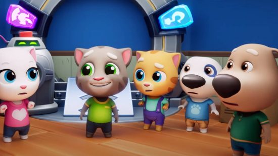 Talking Tom Time Rush release date: a CG scene shows Talking Tom and several friends gathered in a room