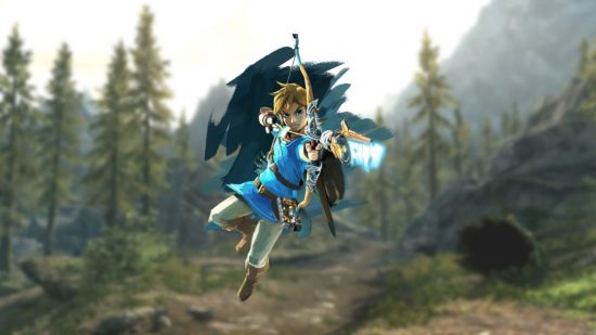 Art of Link from The Legend of Zelda: Breath of the Wild (Todd Howard called a magical game) jumping in the air and firing a bow and arrow with a glowing tip on a blurred background of a Skyrim forest..