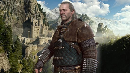 The Witcher 3 Vesemir stood in front of Kaer Morhen