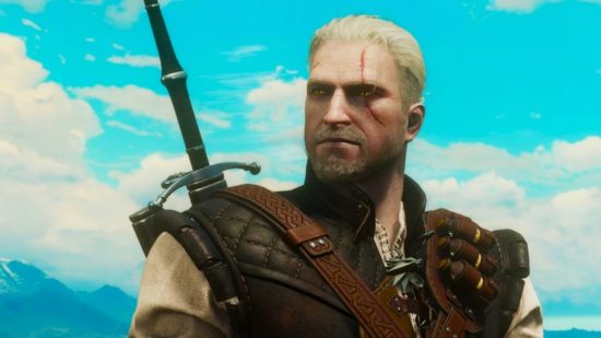 Geralt stood staring aheead with a bright cloudy sky behind him
