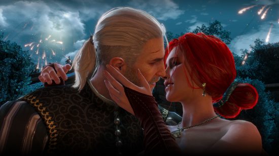 Geralt and Triss about to kiss with fireworks in the background