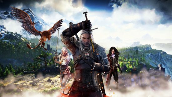 Geralt drawing his sword while Ciri and Yennefer stand behind him with a monster in the sky