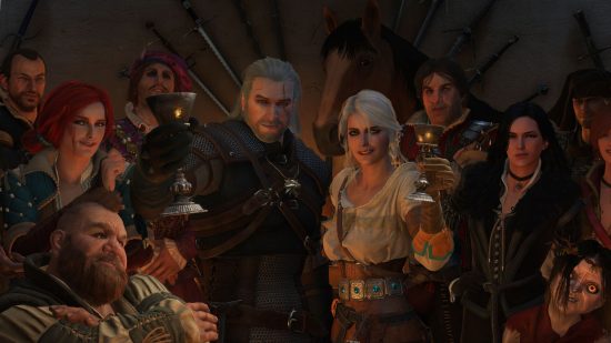 The Witcher 3 romance header: Ciri and Geralt with their arms around eachother and glasses raised in celebration in a crowd of characters from the Witcher 3, all looking at the camera. Geralt is an older gent with greey hair, scars, and black leather outfit. Ciri is a woman in a white blouse with silver hair.