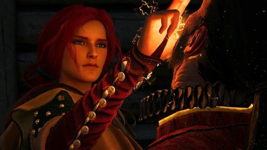 The Witcher 3's Triss with an intense look on her face as she casts magic on a man