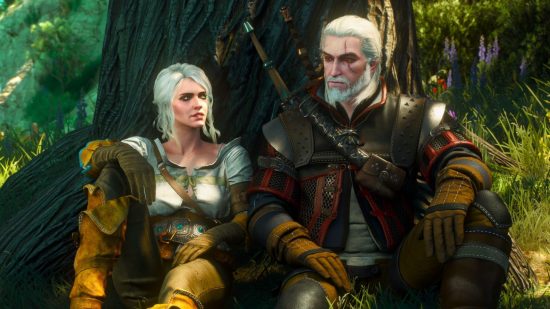 The Witcher 3 update Switch: two characters from The Witcher 3 sat down against a tree trunk. On the right, Geralt, a man with grey hair and beard, firm leather armour and a stoic expression, as well as two swords on his back and a scar over his left eye. On the left is Ciri, a woman with white hair, a young face, and a white blouse on. She looks less weary, more just plain old tired.