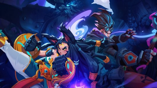 Torchlight: Infinite season two: Erika and Youga from Torchlight: Infinite in battle stances in front of a shadowy figure, presumed to be the Lord of the Void Sea