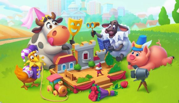 Township promo codes: key art for the mobile game Township shows a selection of farmyard animals sat enjoying a picnic in a cartoon style