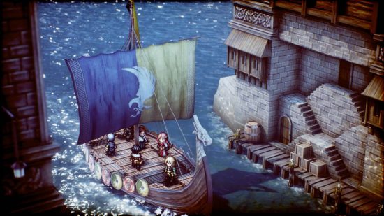 Triangle Strategy Game of Thrones: a pixelated scene shows a series of fantasy characters on a boat