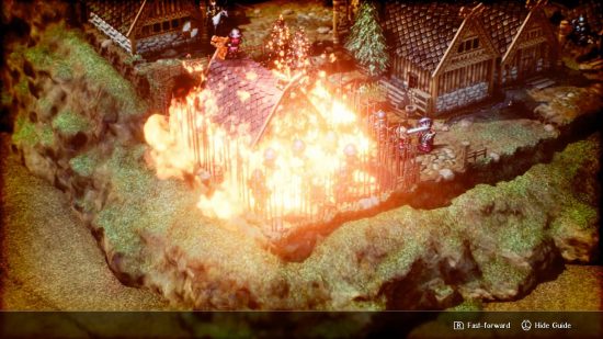 Triangle Strategy Game of Thrones: a pixelated scene shows a village house being set on fire, trapping everyone inside