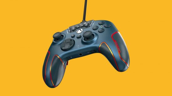 A Turtle Beach Recon Cloud Hybrid controller tilted up towards the left against a mango coloured background