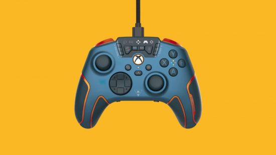 The Turtle Beach Recon Cloud Hybrid controller from the front against a mango coloured background