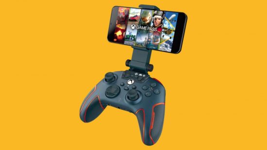 A Turtle Beach Recon Cloud Hybrid controller with a phone attached to it against a mango background