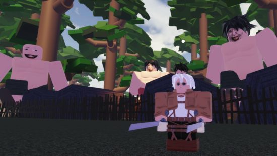 Untitled Attack on Titan codes: a roblox avatar dressed in an outfit from Attack on Titan is surrounded by giant enemies with strange, horrible faces