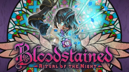 Vampire games: Bloodstained Ritual of the Night key art that depicts a girl in front of a stainglass window