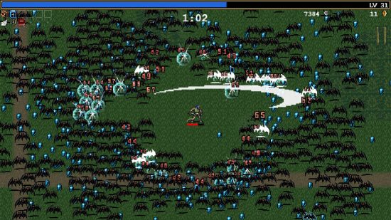 Vampire Survivors review: a pixelated character walks around an open area filled with countless enemies