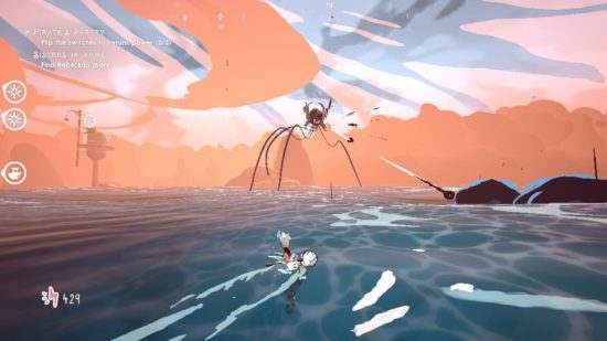 Wavetale Switch review: a small character glides across the water towards a giant daddy-long-legs-type creature as the sky turns a pale red.