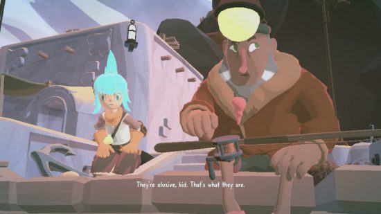 Wavetale Switch review: two people sitting on a pier, a blue-haired woman with a new on her knees, and a large man with a light on his head holding a fishing rod.
