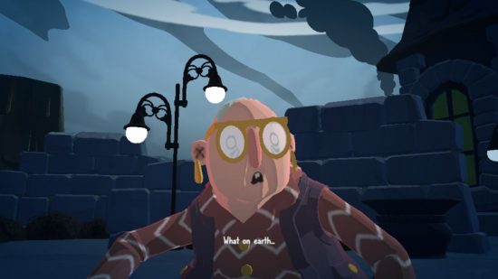 Wavetale Switch review: an old lady with misty round glasses and big hooped earings saying "what on earth" in a darkening cloudy scene.