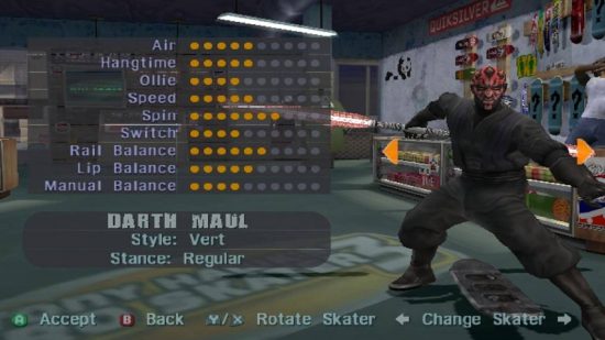 Weirdest Nintendo guest characters: a screenshot from Tony Hawk's Pro Skater 3 shows Darth Maul on the character select screen