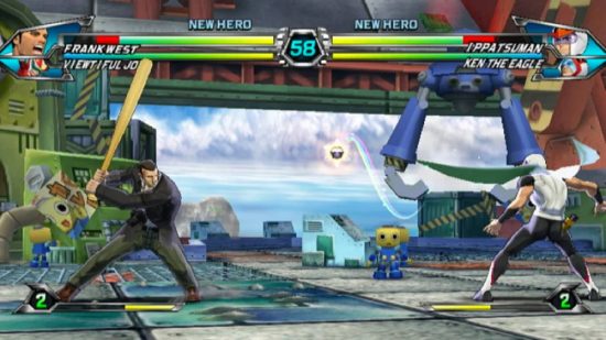 Weirdest Nintendo guest characters: a screenshot from Tatsunoko vs Capcom shows Frank West battling two anime characters