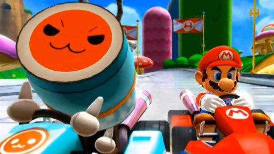Weirdest Nintendo guest characters: a screenshot from Mario Kart Arcade GP DX shows Mario going head to head with Don Chan