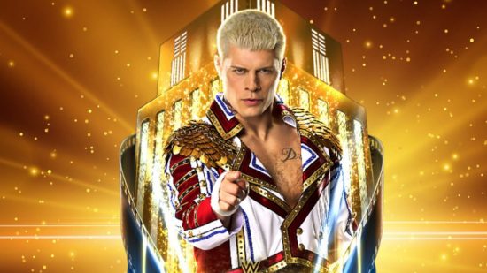 Screenshot of Cody Rhodes pointing for WWE SuperCard QS codes guide