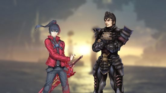 Xeonblade voice actors: Noah, a man with a black ponytail, red jacket, black trousers, and a sheathed red sword, standing next to each other in art for Xenoblade Chronicles 3, on the left of Malos, a man in spiky black armour with short black hair and a fierce expression.
