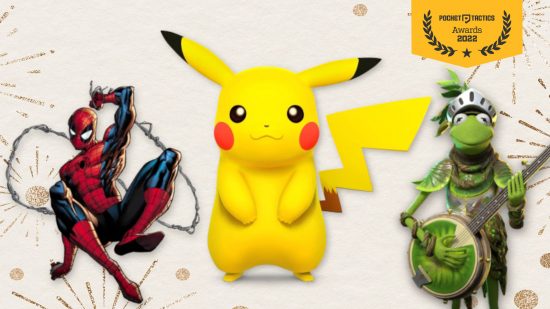 Custom image for 2022 mobile games in review article with Marvel Snap's Spider-Man, PIkachu from Pokemon Go, and Disney Mirroverse's Kermit