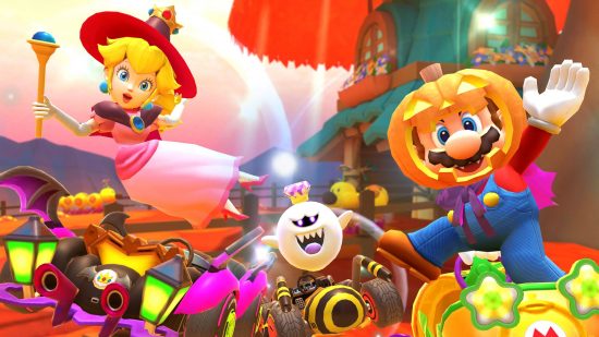Screenshot from Mario Kart Tour Halloween event with Peach, Mario, and Boo onscreen for 2022 year in mobile gaming review