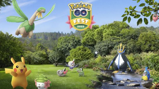 Screenshot of the Pokemon Go Fest 2022 key art with different pokemon on screen for 2022 year in mobile gaming review