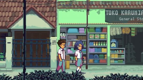 A Space for the Unbound video: two characters on a street with shops