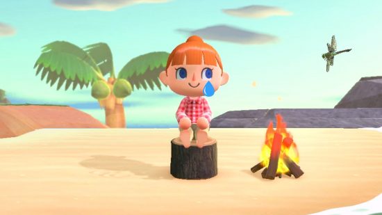 Animal Crossing hard mode: A lone villager on a tree stump with a fire burning next to them