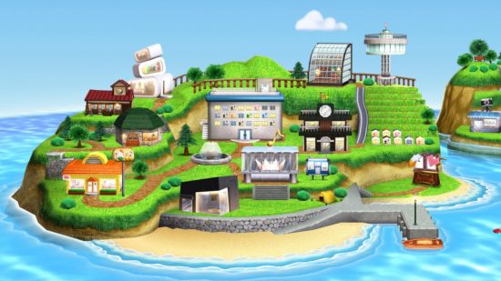 Tomodachi Life Island with different buildings and houses - one of the best 3DS games