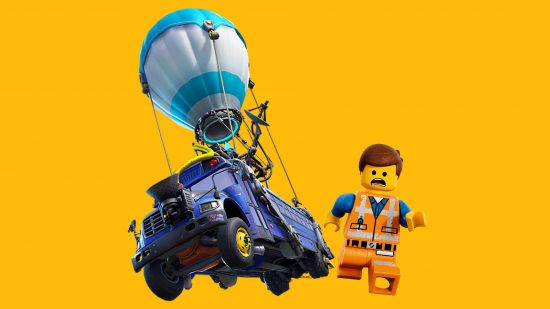 Fortnite Lego: key art from Fortnite shows the battle bus, with a lego figure leaping out of it