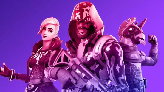 Fortnite tournament -- three characters on a purple background. On the left, a woman with half head shaved, half short fringe, arm out in a cool pose. In the middle, a man with a beard holding a gun in a camp hoodie, hood up. On the right, a person pumping their bicep in a llama costume.