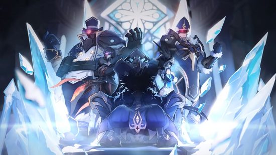 Genshin Impact's Pulcinella surrounded by enemies on an icy throne