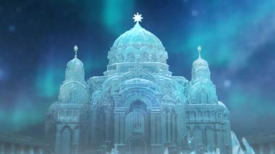 An iced over cathedral in Genshin Impact Snezhnaya